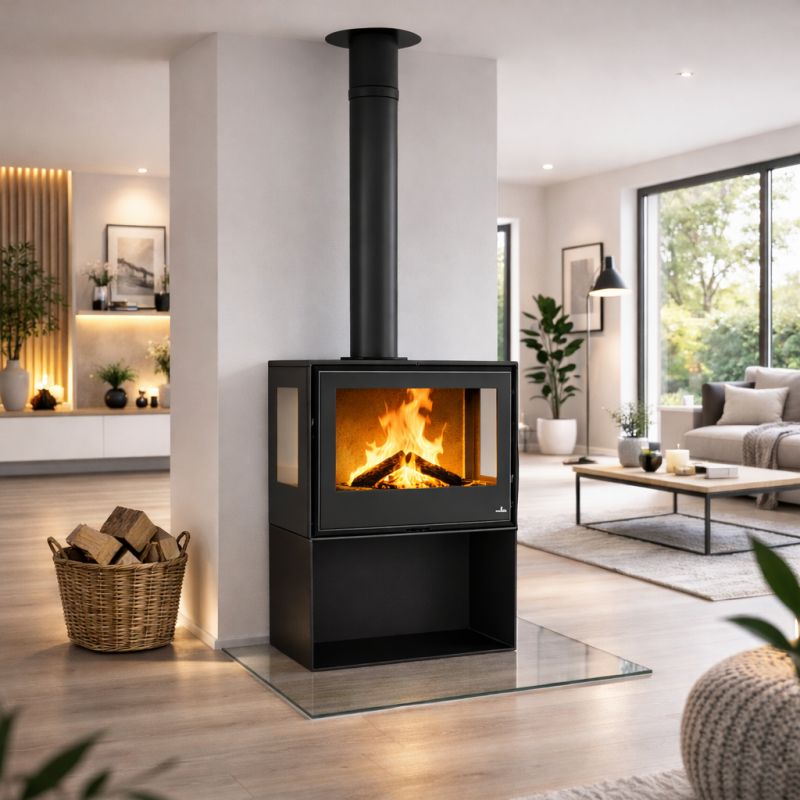 Poêle à bois 3 vitres ventilé avec range bûches- BRONPI Bimba 70 3C 10 kW