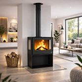 Poêle à bois 3 vitres ventilé avec range bûches- BRONPI Bimba 70 3C 10 kW