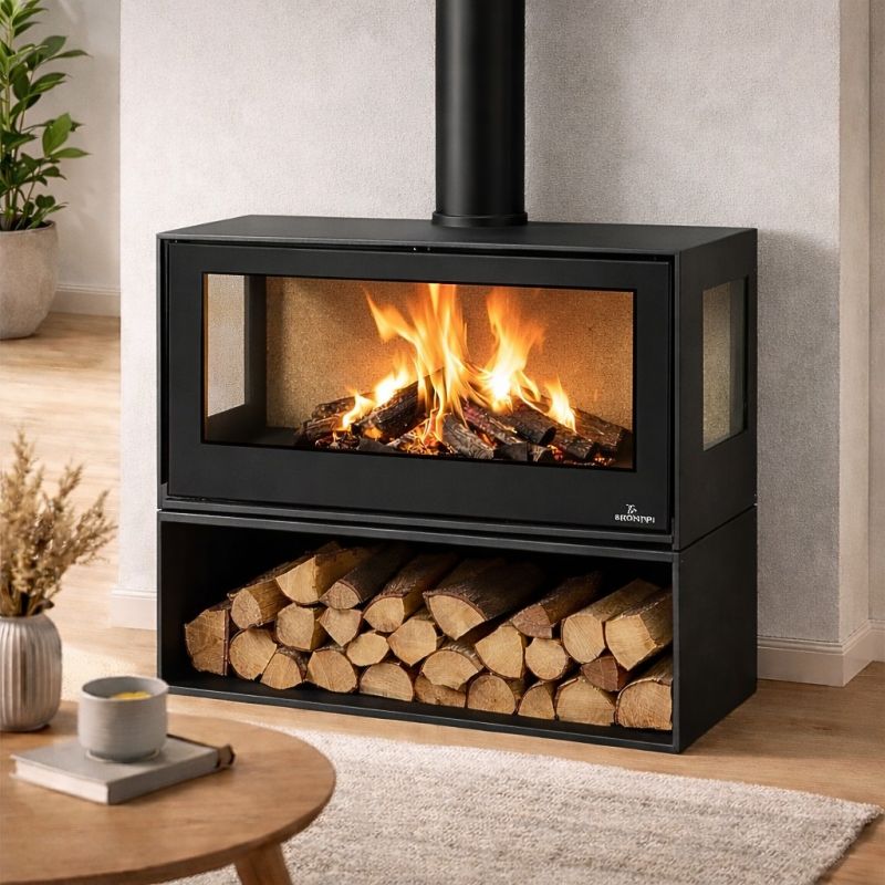 Poêle à bois 3 vitres ventilé avec range-bûches - BRONPI Bimba 90 3C 13 kW