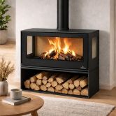 Poêle à bois 3 vitres ventilé avec range-bûches - BRONPI Bimba 90 3C 13 kW