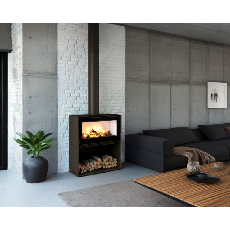 Poêle à bois moderne avec range bûches - BRONPI Cairo 110 Box 15 kW
