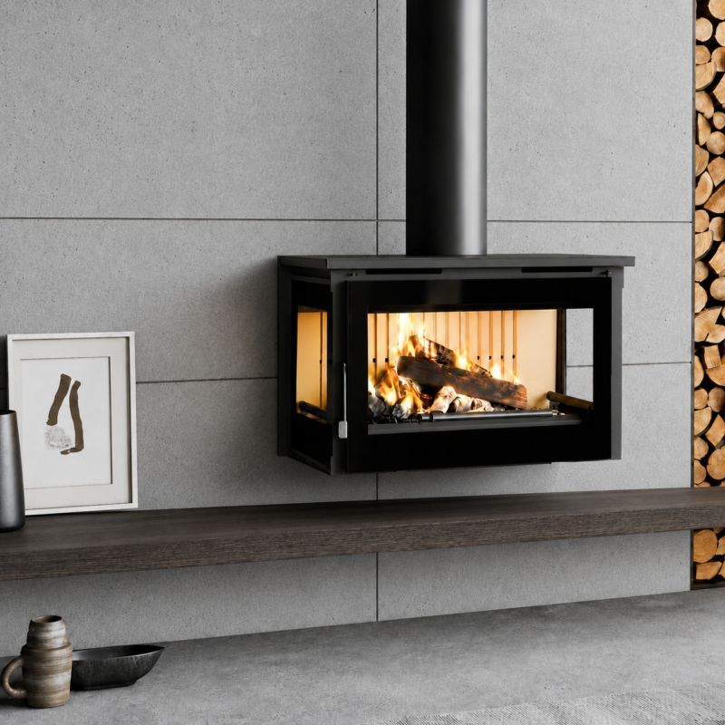 Poêle à bois ventilé raccordable 3 vitres suspendu - FIREMATIC CALGARY - M 12.8 kW