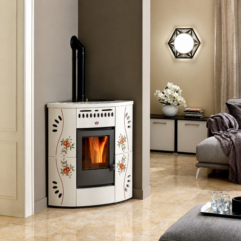 Poêle à granulés d'angle en céramique - ORIGINE PHEBO Gaia 5S 12.2 kW