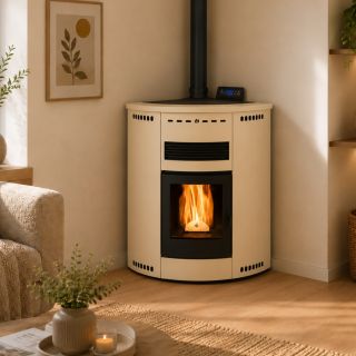 Poêle à granules d'angle canalisable - ORIGINE PHEBO Asia Plus 12.7 kW