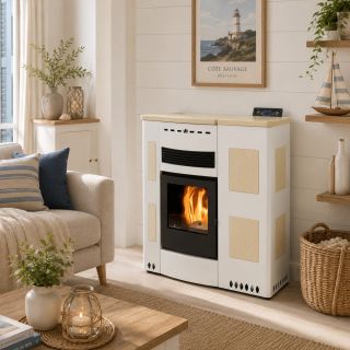 Poêle à granules ventilé extra-plat céramique - PheboStufe Iris Maxi 11.5 kW