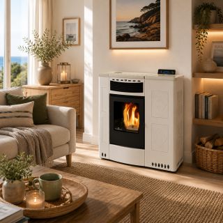 Poêle à granules ventilé extra plat céramique - PheboStufe Iris 11.5 kW