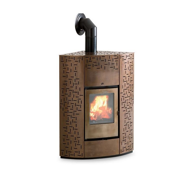 Poêle à bois d'angle en acier inox bruni - ORIGINE PH Giunone 10.6 kW