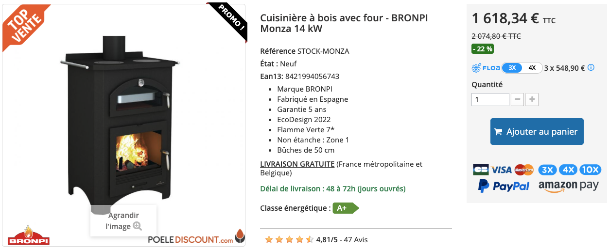 Cuisinière à bois avec four - BRONPI Monza 14 kW