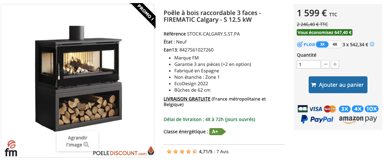 Poêle à bois raccordable 3 faces - FIREMATIC Calgary - S 12.5 kW