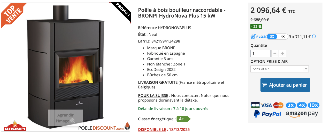 Poêle à bois bouilleur raccordable - BRONPI HydroNova Plus 15 kW