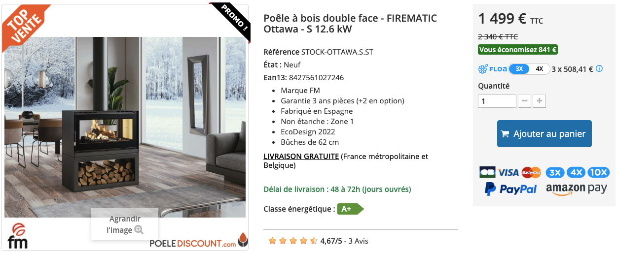 Poêle à bois double face - FIREMATIC Ottawa - S 12.6 kW