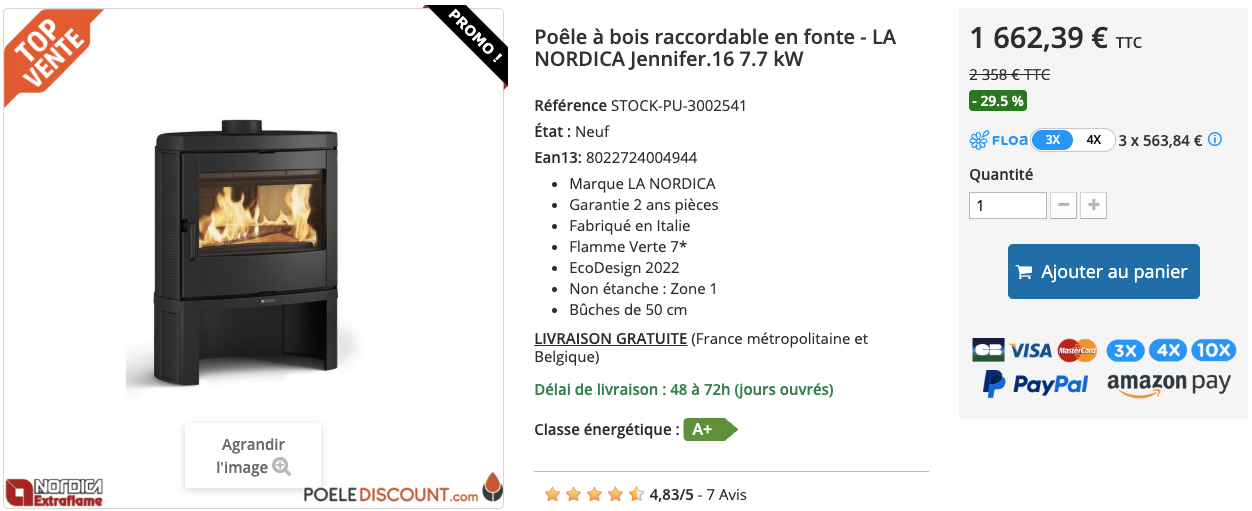 Poêle à bois raccordable en fonte - LA NORDICA Jennifer.16 7.7 kW