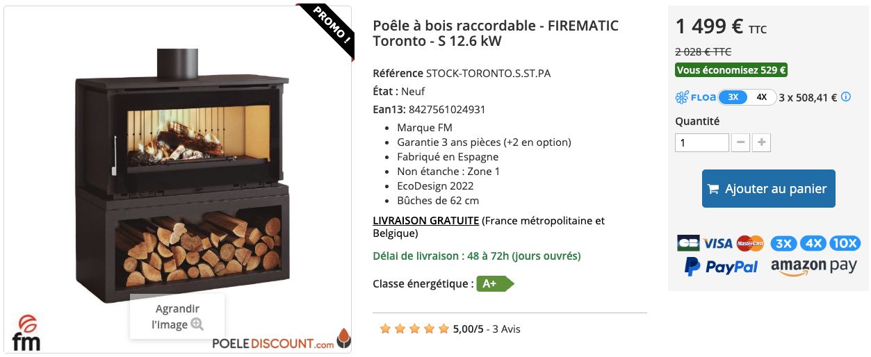 Poêle à bois raccordable - FIREMATIC Toronto - S 12.6 kW
