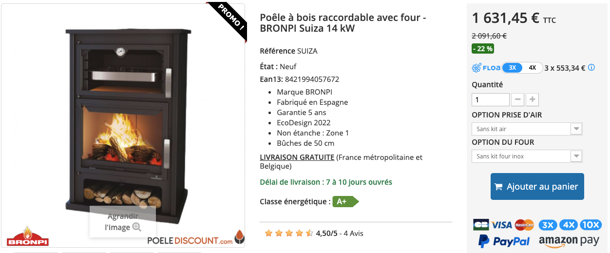 Poêle à bois raccordable avec four - BRONPI Suiza 14 kW