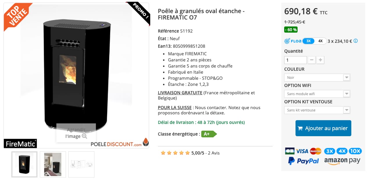 poele a granules firematic o7 en solde à -60%