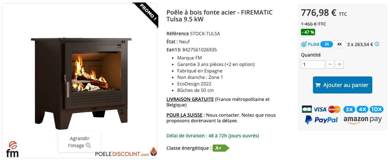 poele a bois fonte acier 9.5kw en solde -47%