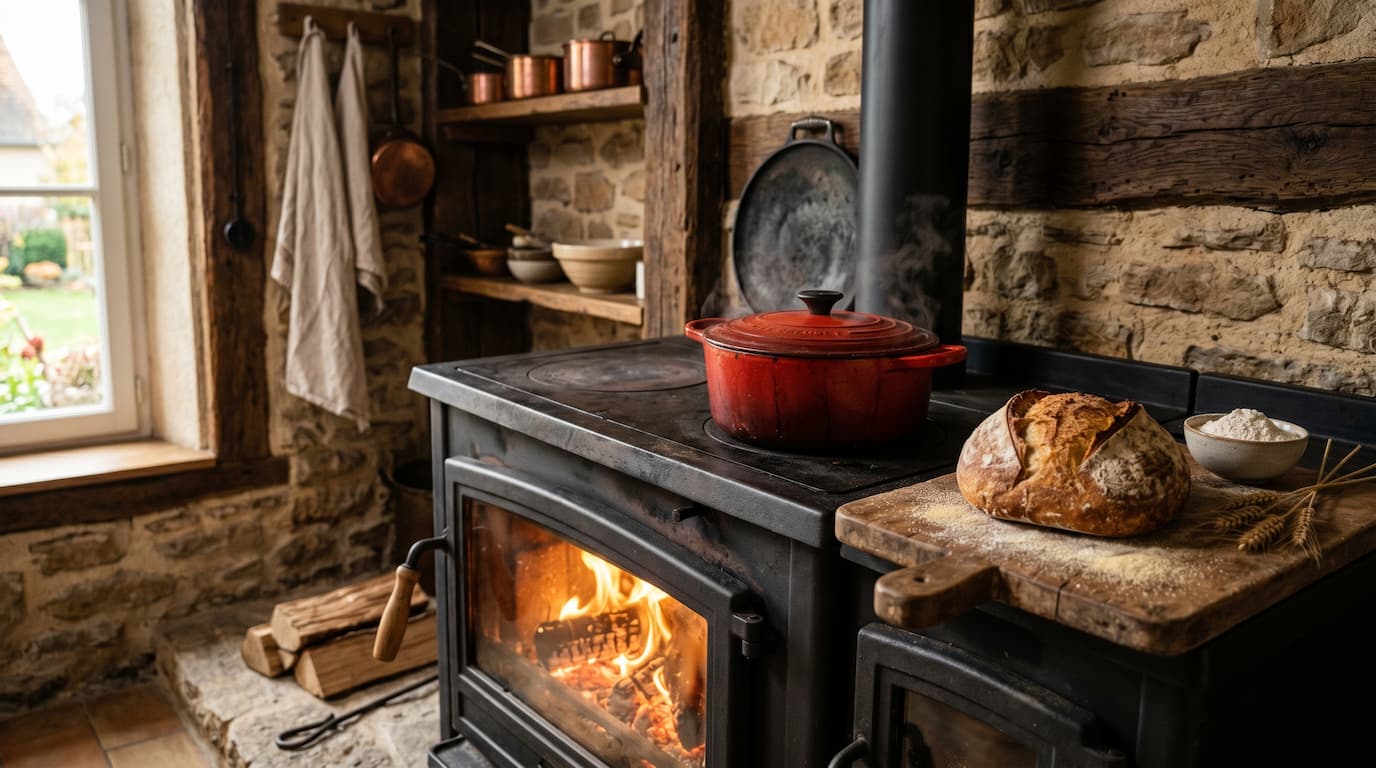 Cuisinière à bois en fonte massive dans une cuisine rustique, feu vivant visible, cocotte qui mijote, pain doré tout juste sorti du four