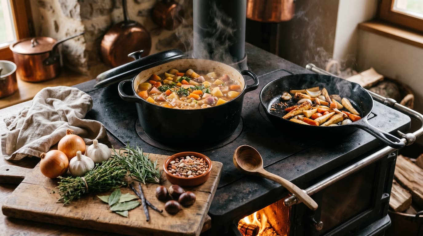 Plan rapproché sur la plaque en fonte - ragoût de légumes racines qui mijote, ingrédients locaux et de saison (carottes, panais, thym, romarin, châtaignes), ambiance slow cooking