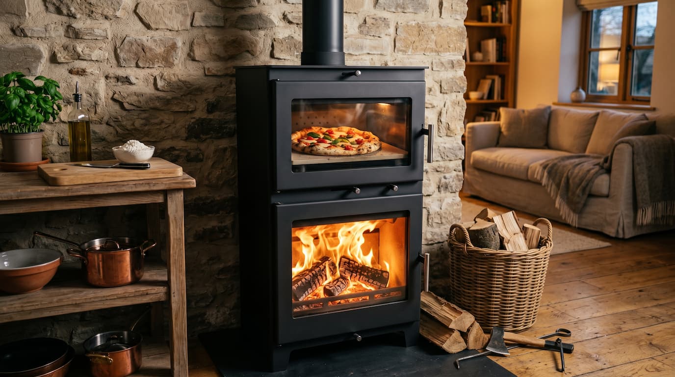 Poêle à bois moderne en acier noir avec four intégré, pizza artisanale en cours de cuisson visible dans le four, foyer flamboyant en bas, intérieur contemporain et chaleureux.