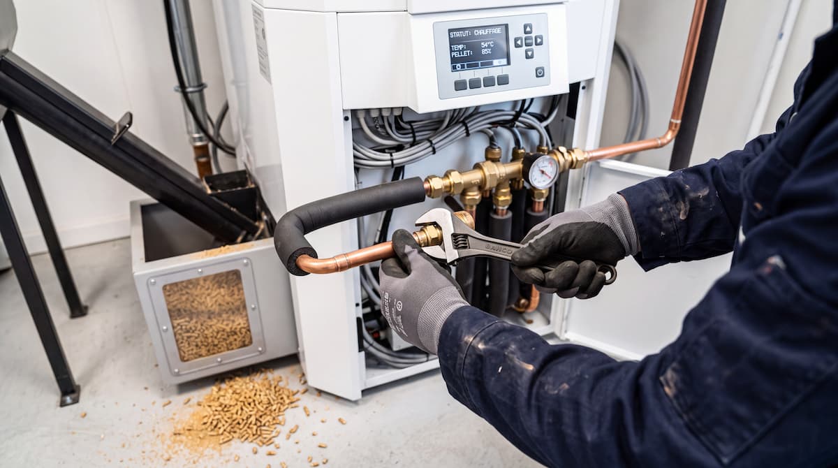 Pose d'une chaudière à granulés par artisan RGE Qualibois - raccordement hydraulique