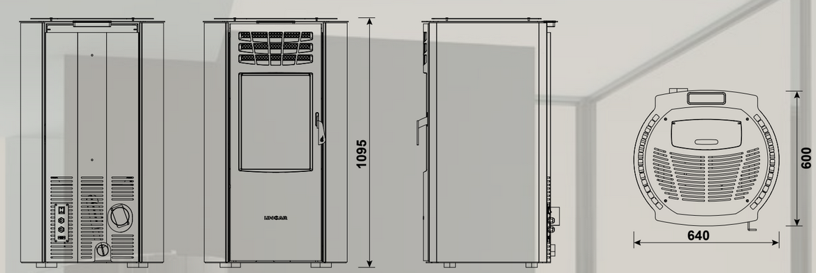 Technisches Diagramm für den Pelletofen ARIEL lincar