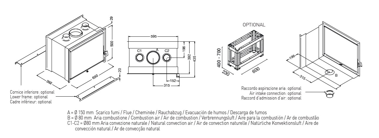 dimensions de l'insert à bois DIEGO 8 de eva calor