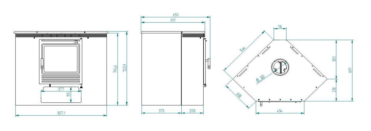 Schéma technique du poele à bois d'angle DALLAS