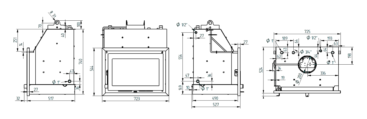 Dimensions de l'insert bouilleur Hidro-70 de chez fm calefaccion