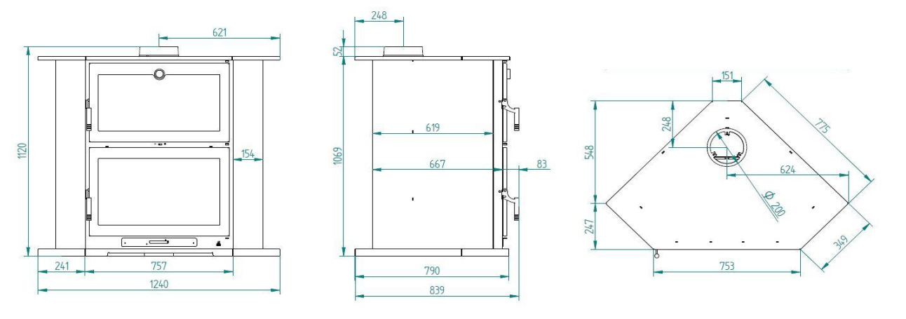 Schéma technique du poêle à bois d'angle avec four FIREMATIC Tucson 11 kW