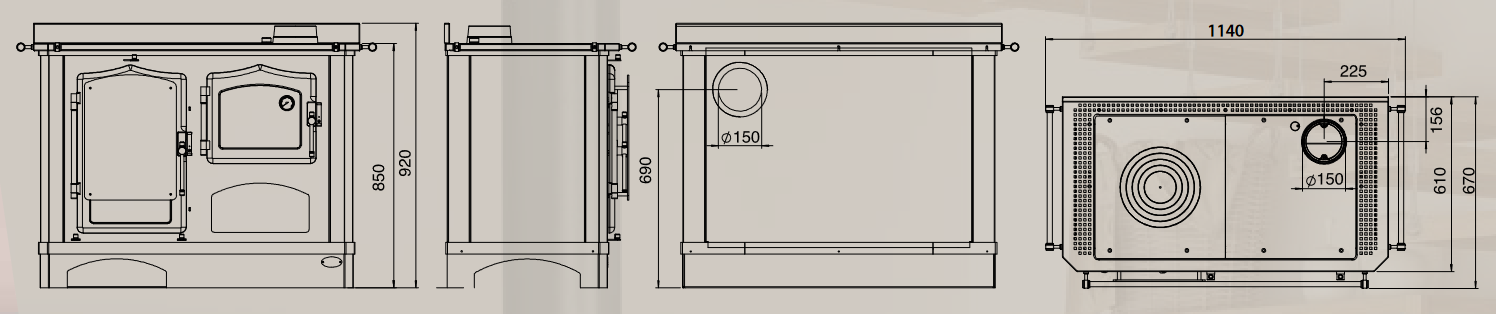 Dimensions de la cuisiniere a bois deneris de LINCAR
