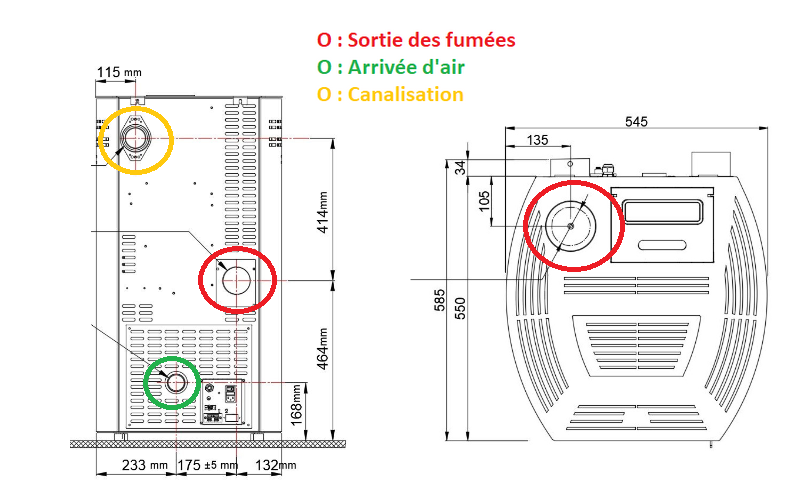 Technisches Diagramm für den kanalisierbaren Pelletofen Linda