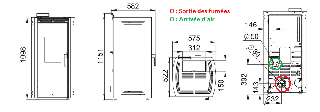 Schéma technique du poele NOA de la marque BRONPI