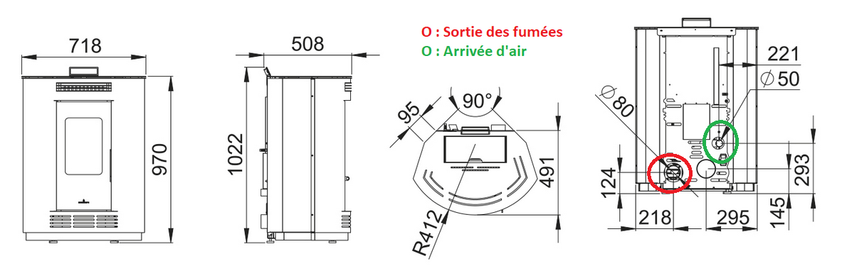 Dimensions du poele d'angle Nina de la marque BRONPI