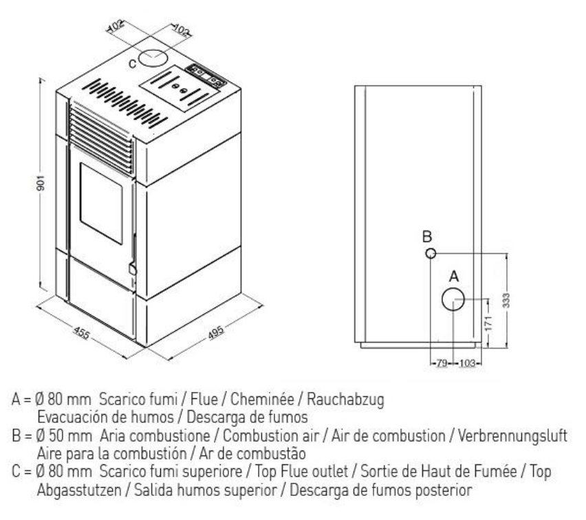 dimensions du poêle Poly de chez punto fuoco
