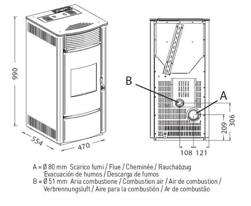 dimensions du poêle Sara de chez Punto fuoco