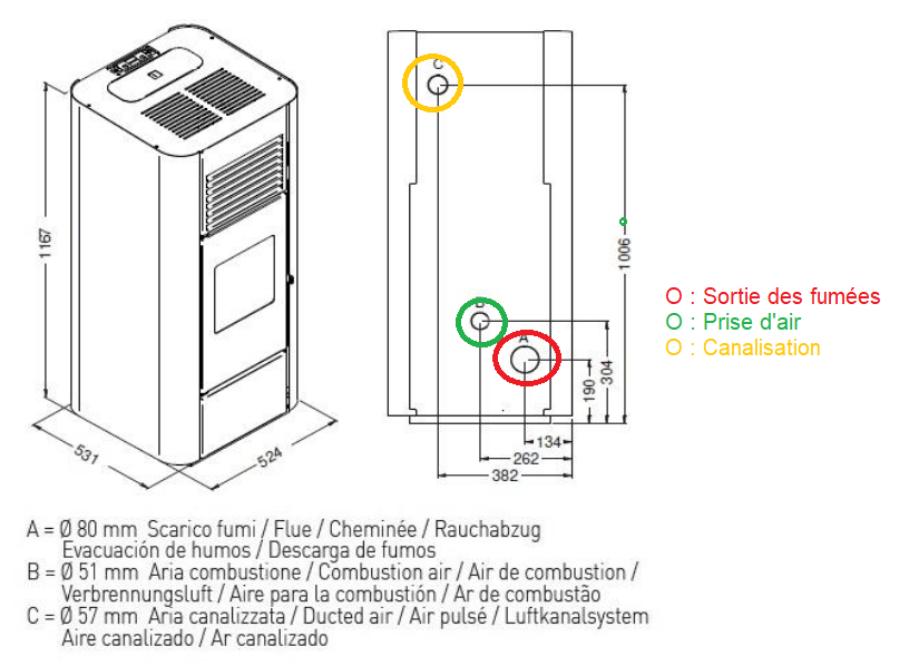dimensions du poêle Adria de chez PUNTO FUOCO