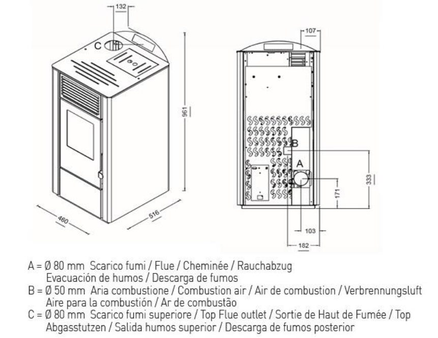 dimensions poele Lory de chez punto fuoco