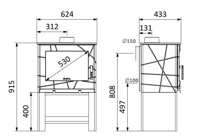 dessin technique du poele à bois SUPRA adame bucher