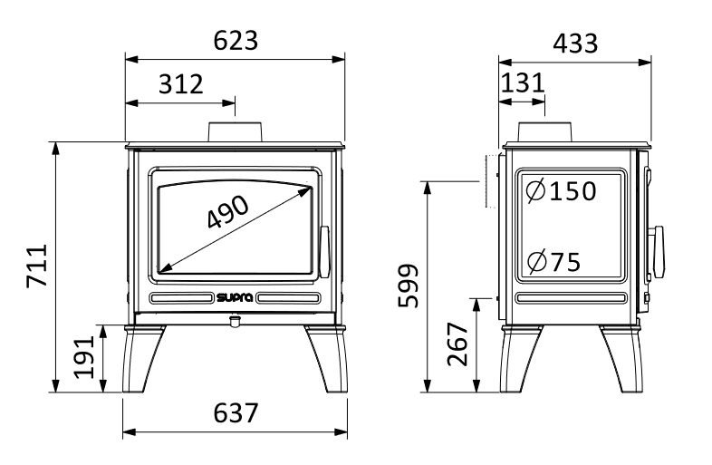 Dimensions du poêle Georges de la marque SUPRA