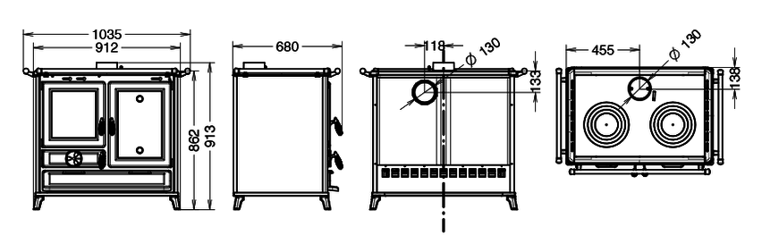 Dimensions de la cuisinière à bois Margot Evo de THERMOROSSI