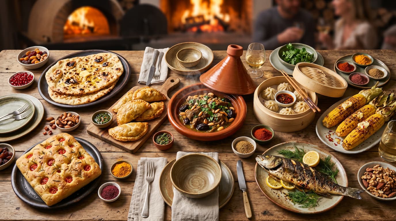 Vue plongeante d'une table « tour du monde » : naan, empanadas, tajine, momos, focaccia, maïs grillé, poisson rôti, épices colorées — illustration directe des 4 continents représentés par les 20 chefs SGW 2026