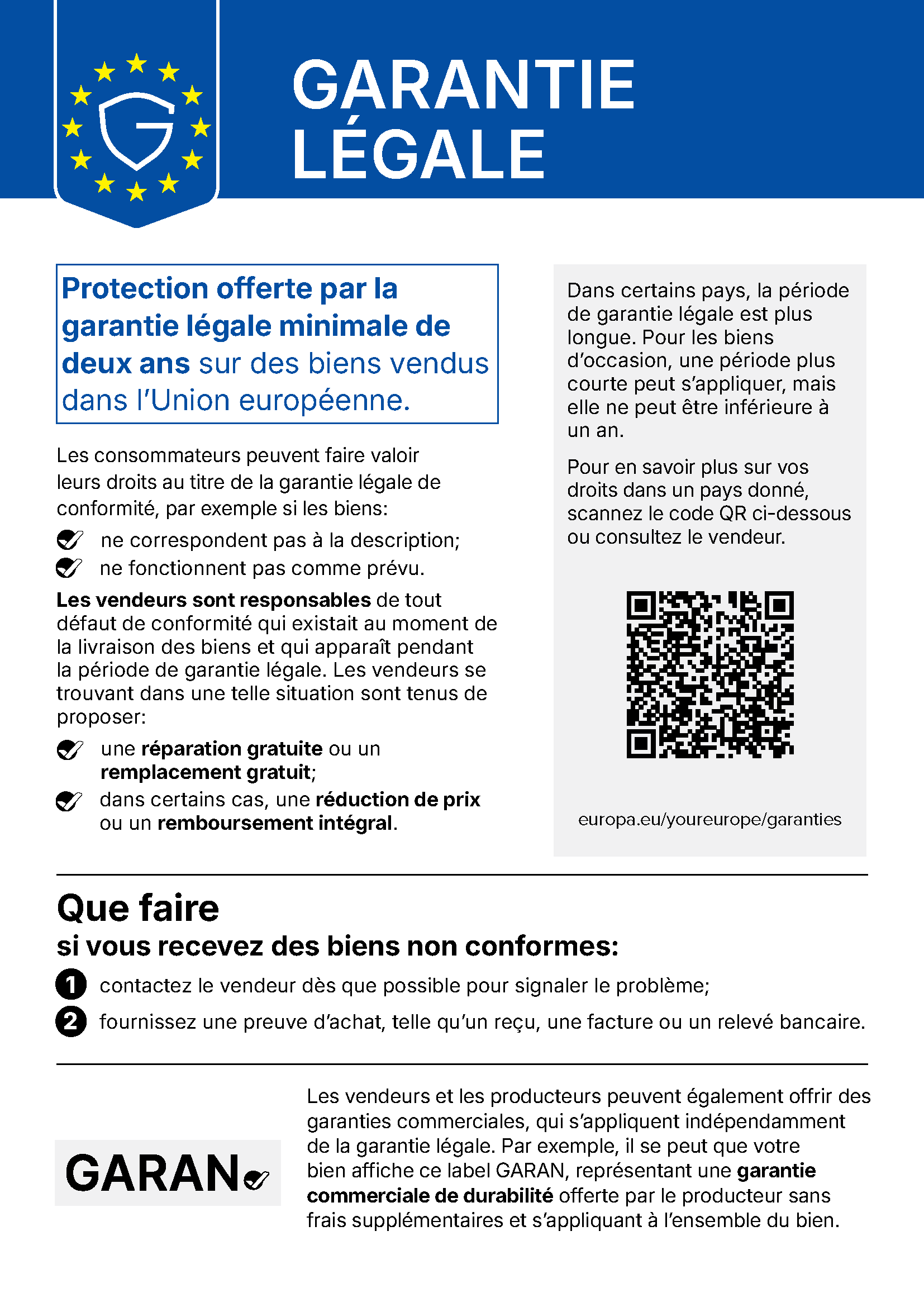 Notice européenne sur la garantie légale de conformité : protection minimale de deux ans sur les biens vendus dans l’Union européenne