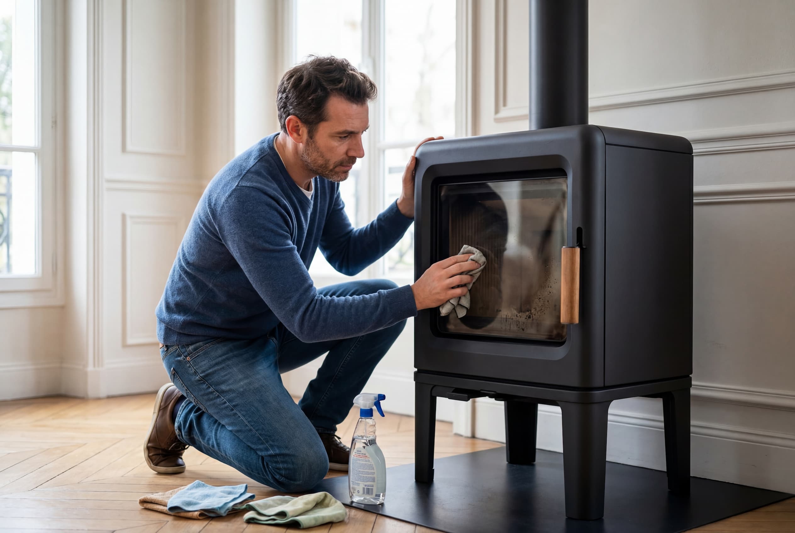 un homme en train de nettoyer son poêle à bois en fonte noire