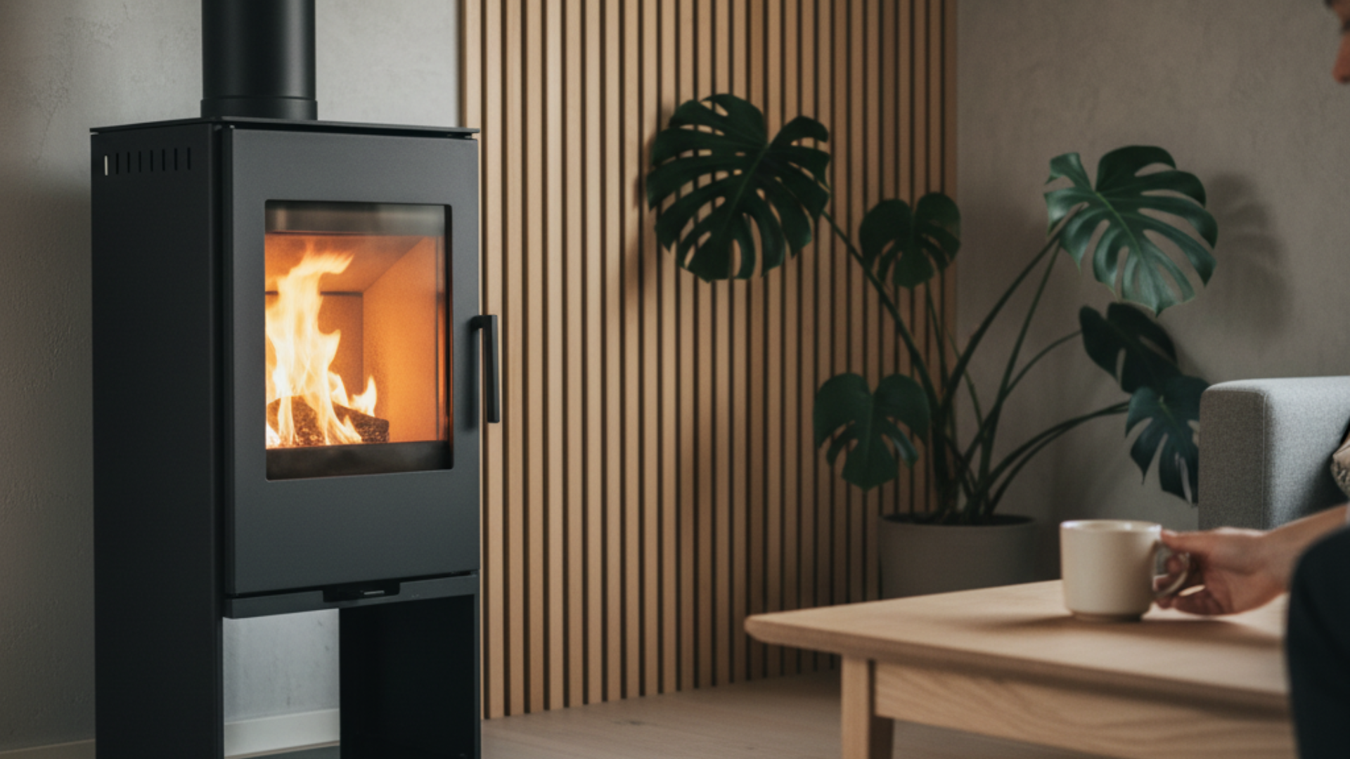 Poêle à granulés allumé dans un salon scandinave, ambiance cosy en fin de journée