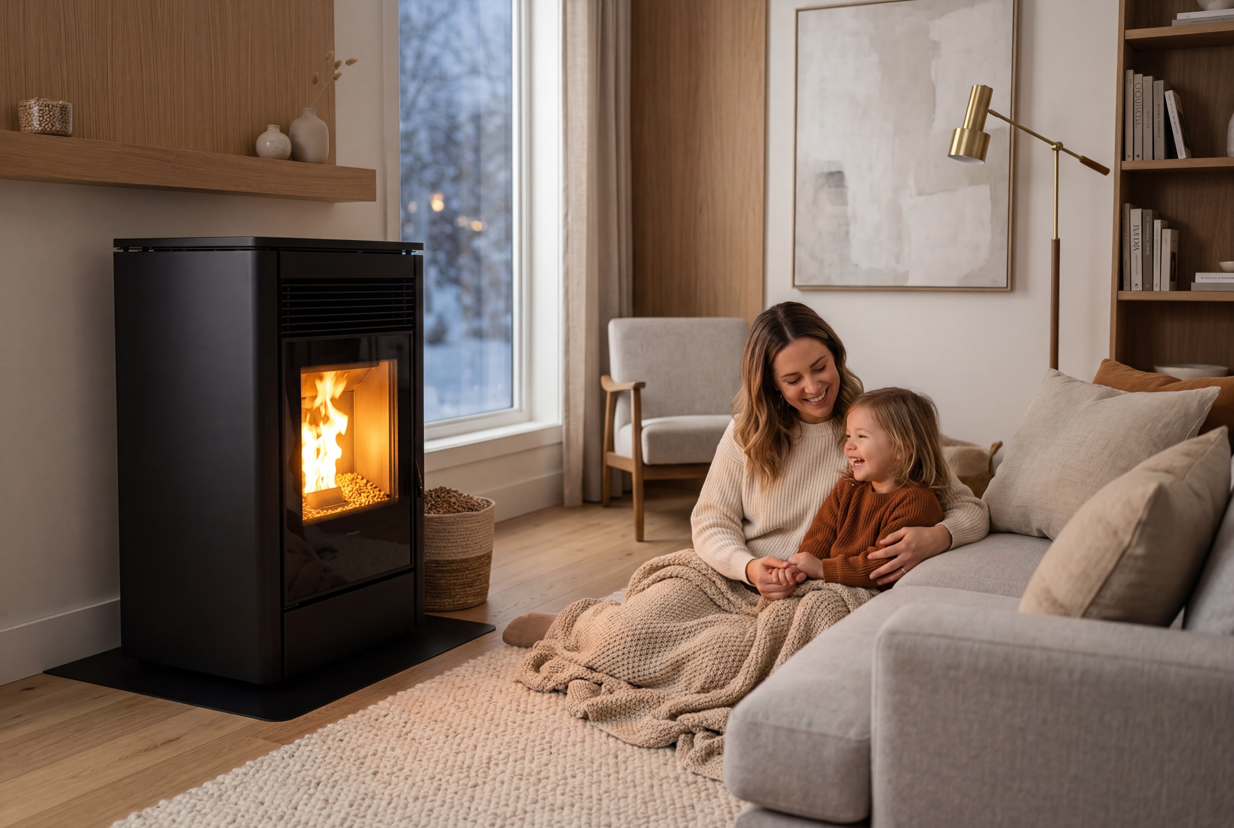 Poele a granulés reconditionné design dans un salon moderne en 2026 