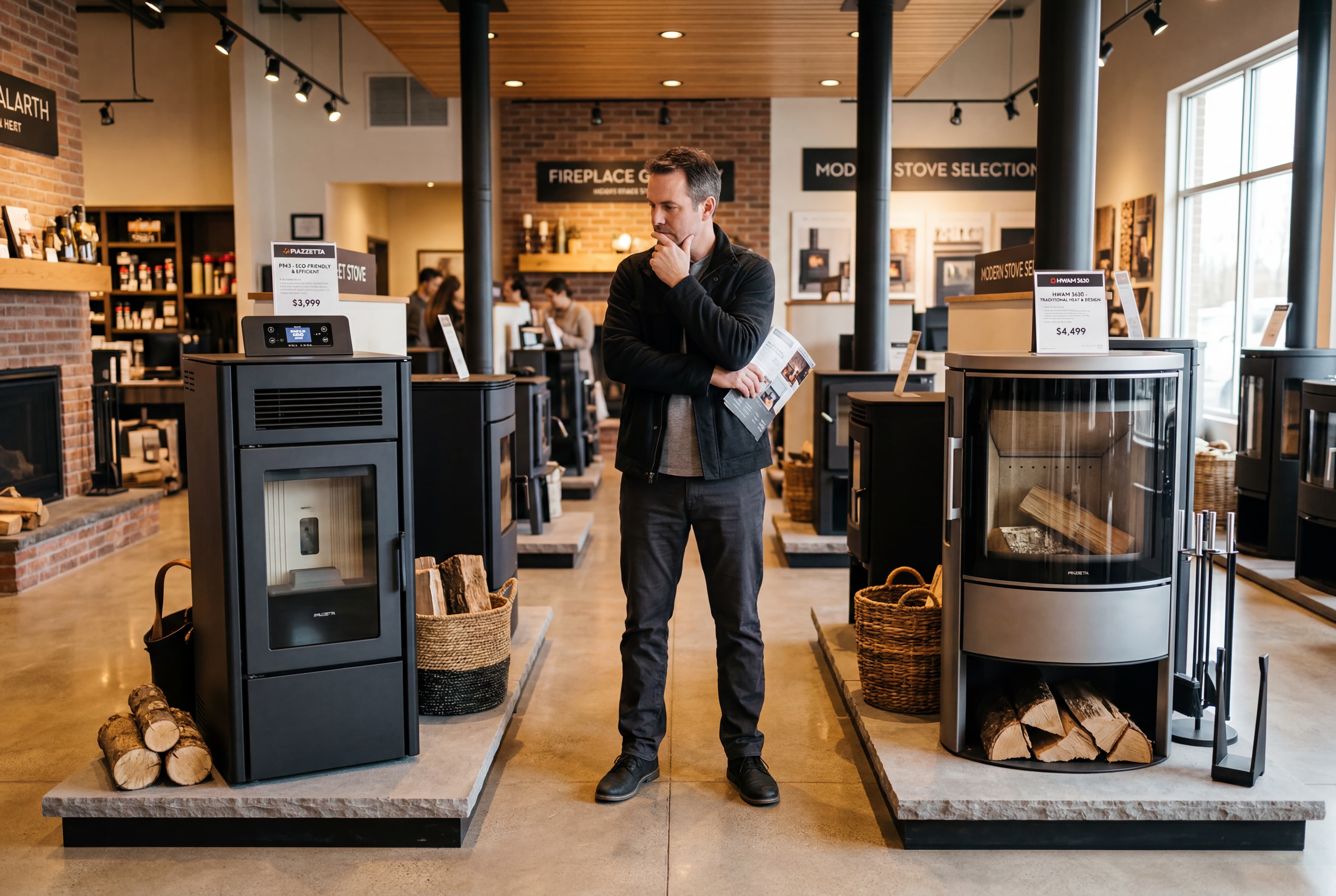 un homme hésite entre un poele a bois ou poele a granules dans un magasin