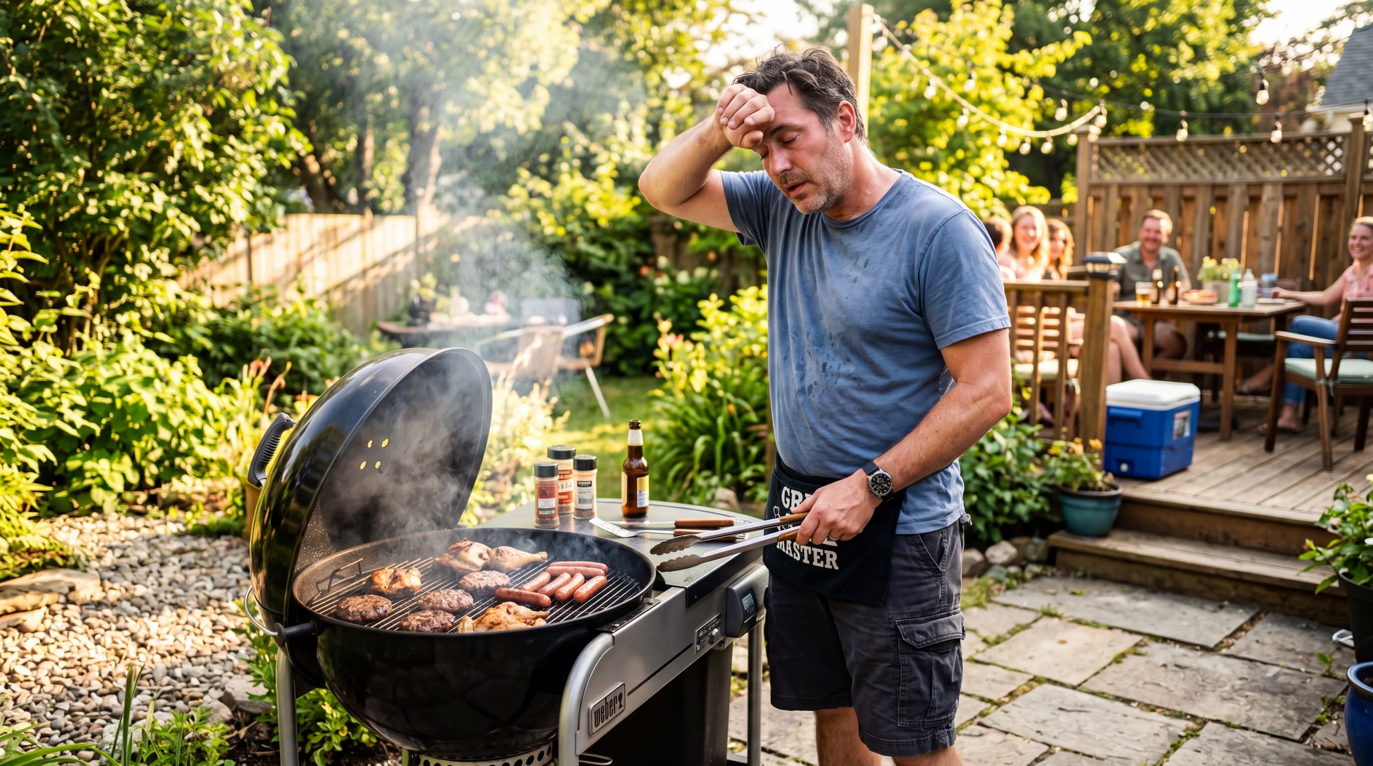 un homme en plein soleil devant son barbecue qui s'essuie le front car il a trop chaud