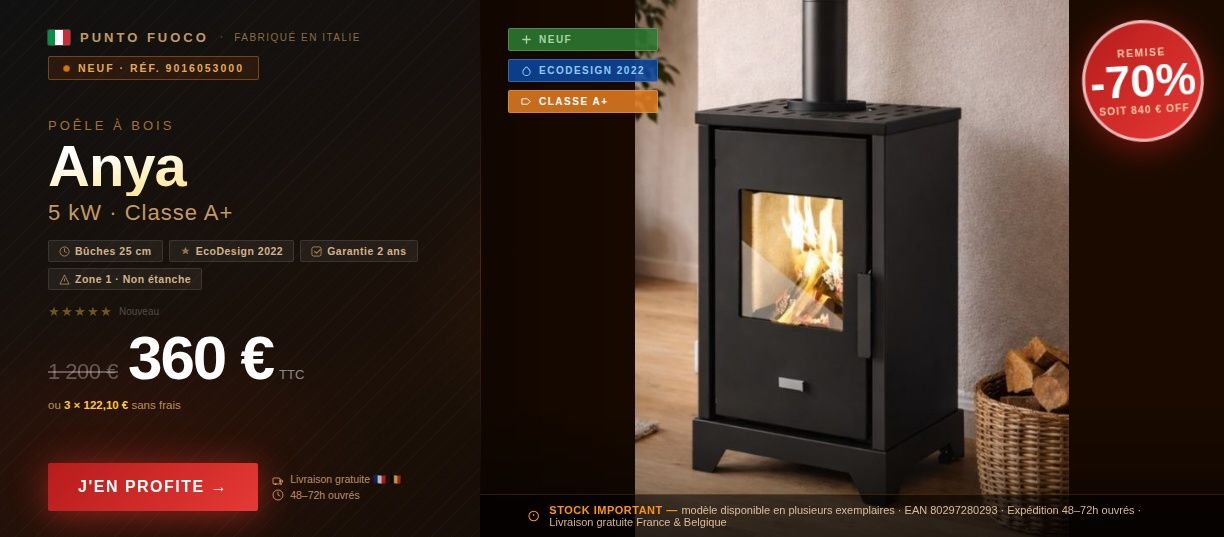 Po&ecirc;le &agrave; bois - PUNTO FUOCO Anya 5 kW